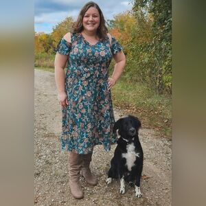 Women’s XXL Teal Paisley Floral Midi Dress Cold Shoulder Boho Chic Flowy Fall